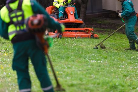 Commercial landscapers mowing lawn